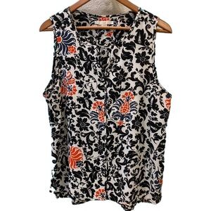 c&e sleeveless blouse. White background with black/blue/red. Size XL